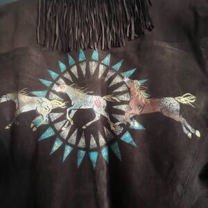 Signed Patricia Wolf hand painted leather fringe jacket indian ponies L EUC